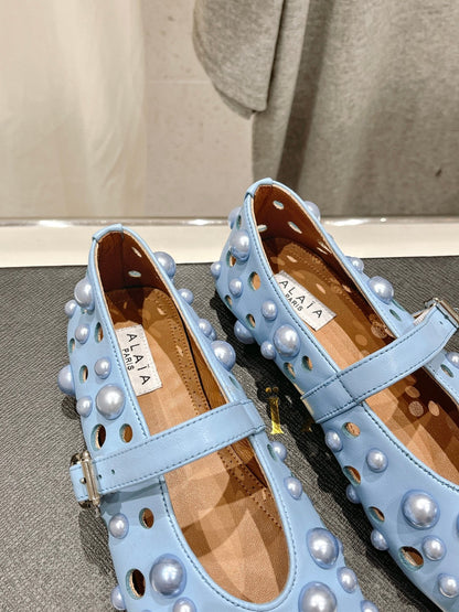 ALAIA PEARL MARY JANE SHOES IN LIGHT BLUE LAMBSKIN