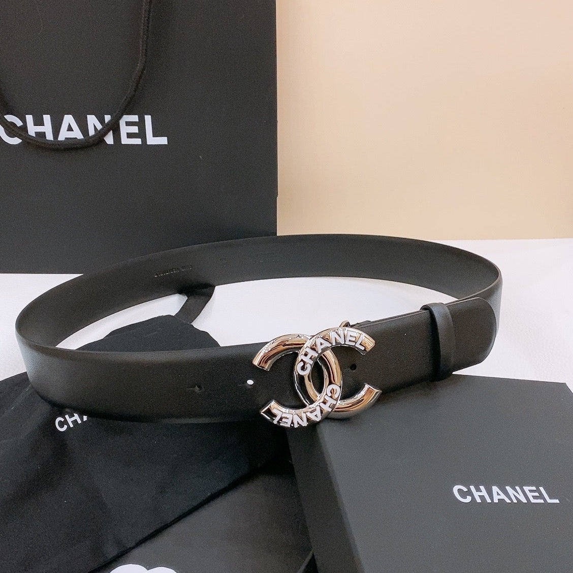 DOUBLE C BELT 40MM IN BLACK CALFSKIN SILVER BUCKLE EMBOSSED WHITE LOGO