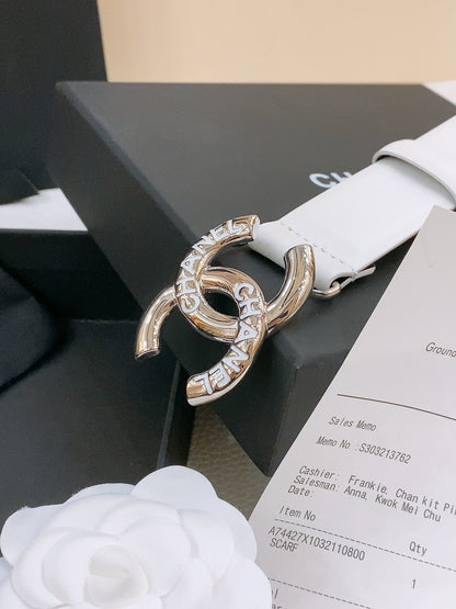 DOUBLE C BELT 30MM IN WHITE CALFSKIN SILVER BUCKLE EMBOSSED WHITE LOGO