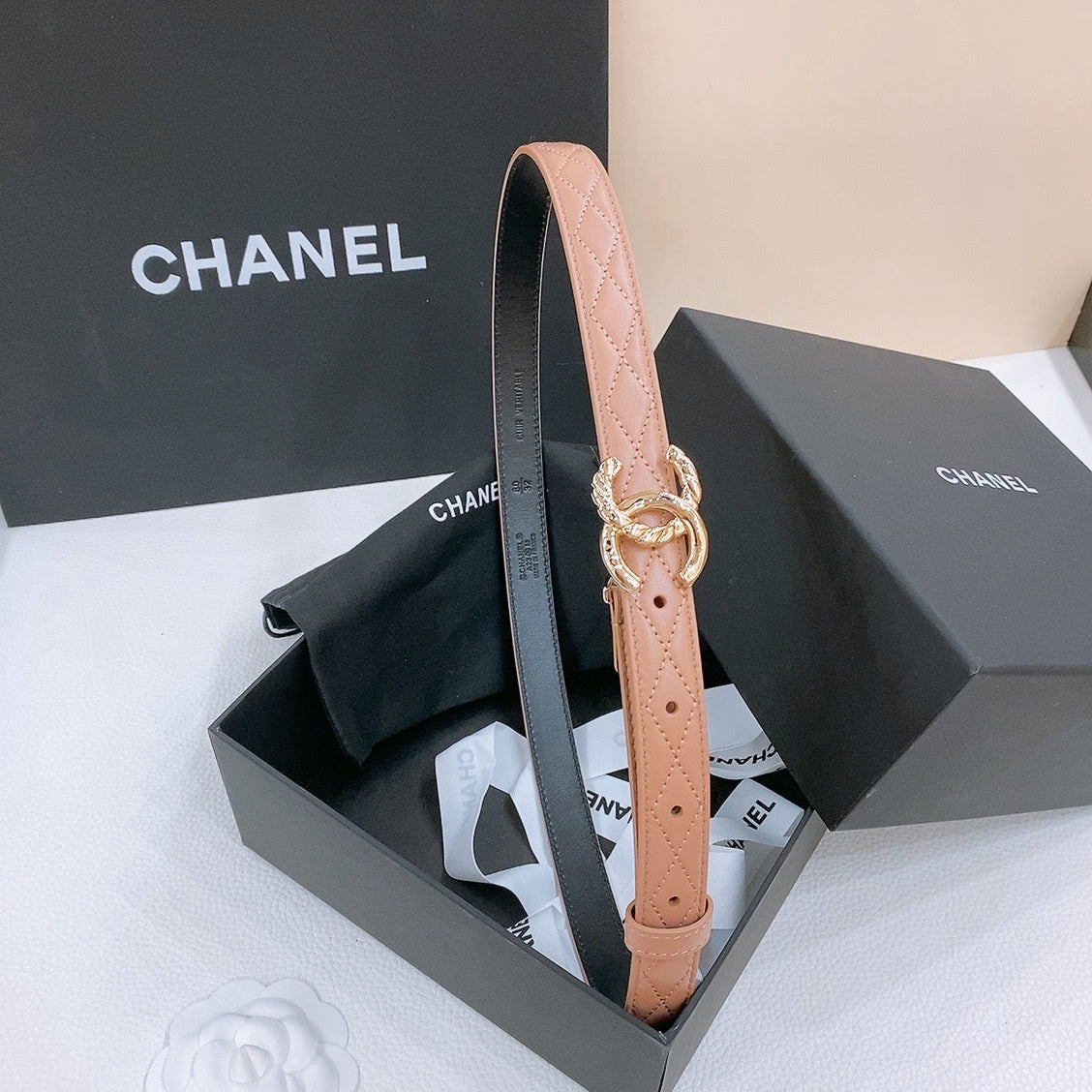 DOUBLE C BELT 20MM IN SAVANNA BROWN CALFSKIN WITH QUILTED STITCHING SPIRAL GOLD BUCKLE