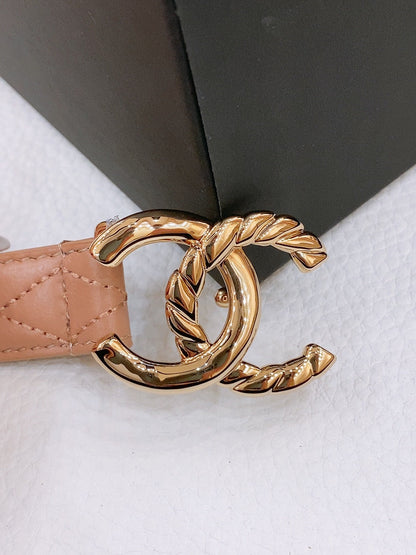 DOUBLE C BELT 20MM IN SAVANNA BROWN CALFSKIN WITH QUILTED STITCHING SPIRAL GOLD BUCKLE