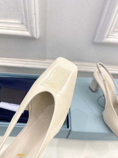 SQUARE TOE SLINGBACK PUMPS IN WHITE GLOSSY CALFSKIN