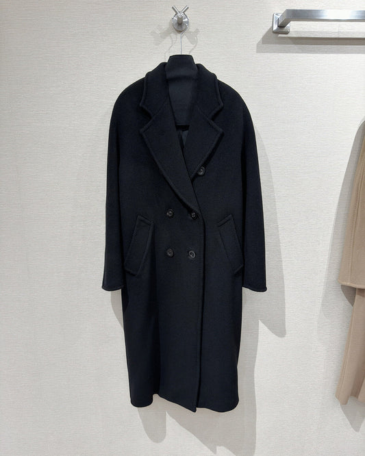 Max Mara Style Women’s Double-Faced 100% Wool & Cashmere Double-Breasted Coat- BLACK