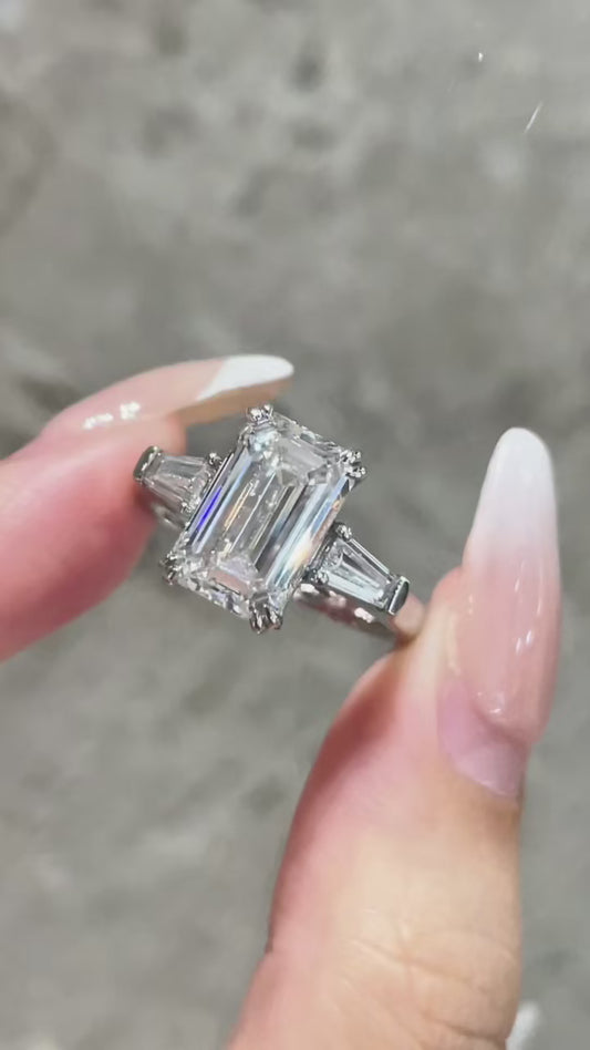 3.37ct Lab-Grown Emerald Cut Diamond Ring in Platinum – Three-Stone Design, DE VS Clarity, IGI Certified